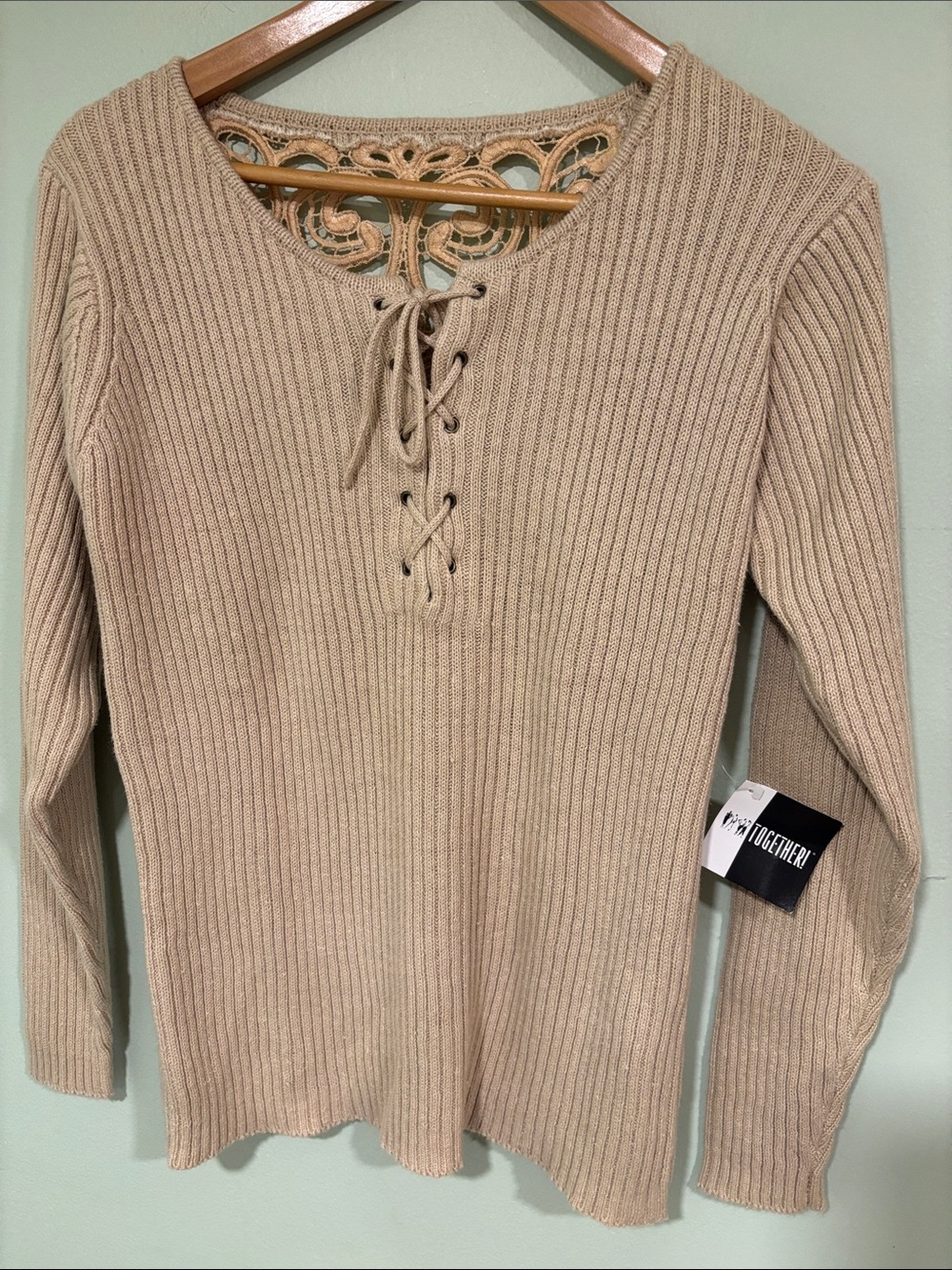 TOGETHER! Women’s Bohemian Retro Vintage Sweater tie up front detail back Beige